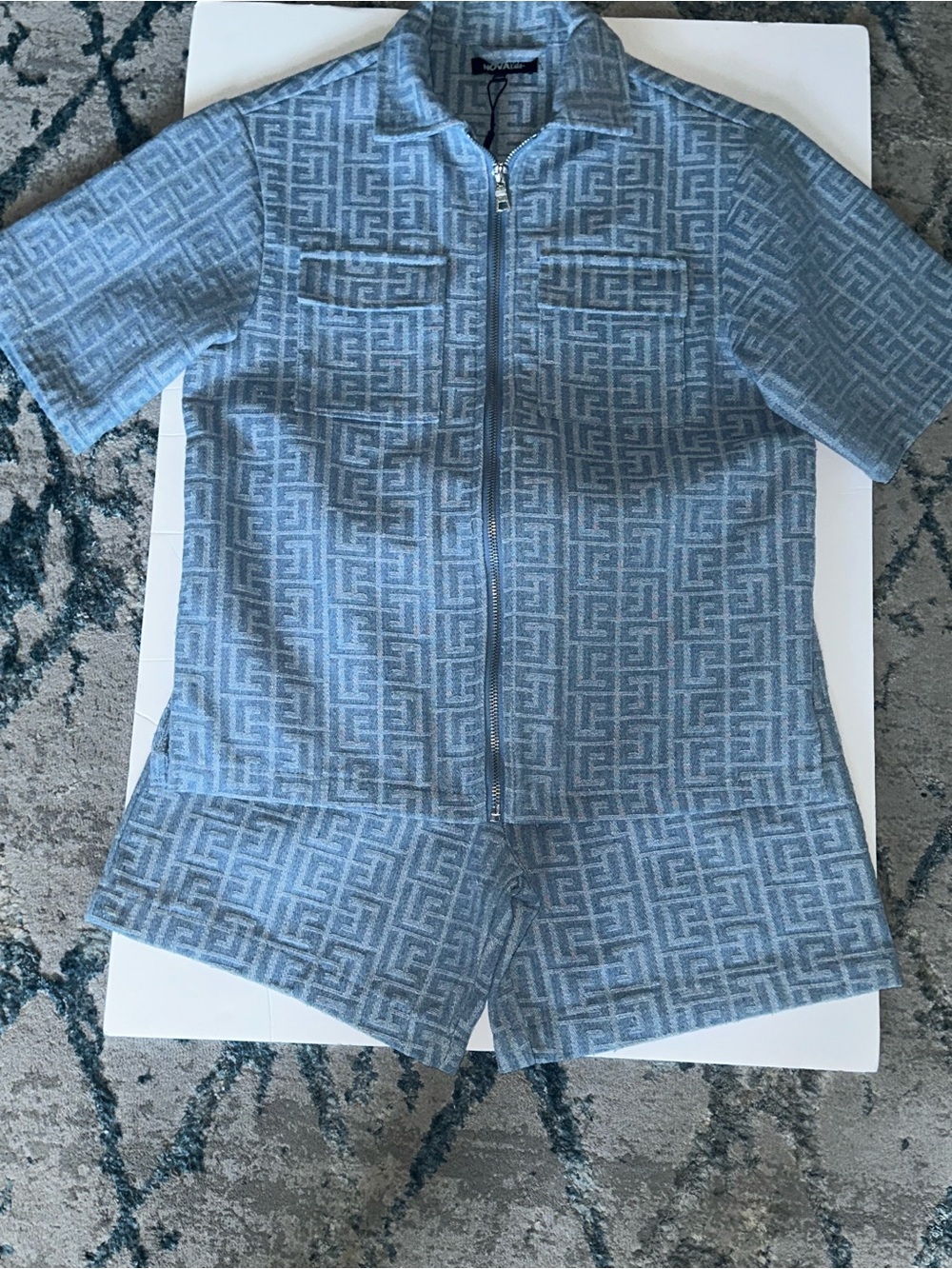 Fashion Nova Light Blue Geometric Short-Sleeve Zip Matching Set